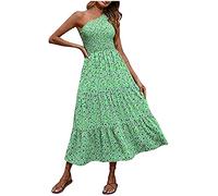Boho Sommerkleid für Frauen, eine Schulter, ärmelloser Rock, Blumendruck, gesmokt, fließende Damenkleider, Strand-Maxikleider