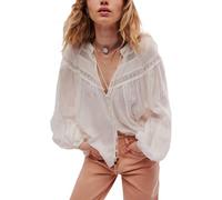 Boho-Spitzenoberteil mit Fliege vorne für Damen, niedlich, durchscheinend, Rüschen, fließend, langärmelig, kokett, V-Ausschnitt, Knopfleiste, A#weiß, Klein