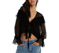 Boho-Spitzenoberteil mit Fliege vorne für Damen, niedlich, durchscheinend, Rüschen, fließend, langärmelig, kokett, V-Ausschnitt, Knopfleiste, B#schwarz, Mittel