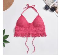 Boho Strick Camisole Damen mit Quasten - Rückenfreies Bademode Top für Strand & Urlaub - Verstellbar Weiß Apricot(Pink)