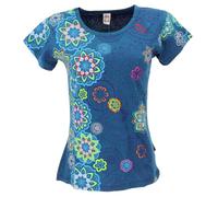 Boho T-Shirt mit floralem Druck und Stickerei, Baumwolle, Damen, blau, XL
