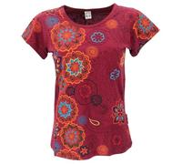Boho T-Shirt mit floralem Druck und Stickerei, Baumwolle, Damen, rot, M