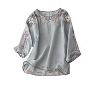 Boho-Tops für Damen, 3/4-Ärmel, Sommer-Top, Baumwoll-Leinen-Blusen, V-Ausschnitt, T-Shirts, besticktes Blumenhemd, übergroßes T-Shirt, Henley-T-Shirt, lässige Blusen, fließendes Oberteil für Yoga