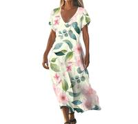 Boho Tshirt Kleid Damen Sommer, Sommerkleid Damen Elegant V Ausschnitt Tunika Kleider Kurzarm A Linie Sommerkleider Leicht und Luftig Strandkleid Bunt Retro Leinenkleider Tie Dye Blumenkleid, S-3XL