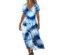 Boho Tshirt Kleid Damen Sommer, Sommerkleid Damen Elegant V Ausschnitt Tunika Kleider Kurzarm A Linie Sommerkleider Leicht und Luftig Strandkleid Bunt Retro Leinenkleider Tie Dye Blumenkleid, S-3XL