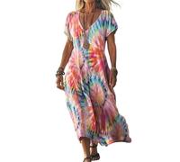 Boho Tunika Kleid Damen Sommer Lang Sommerkleid Damen Elegant V Ausschnitt Maxikleid Kurzarm A Linie Sommerkleider Leicht Und Luftig Maxi Kleider Frauen Bunt Retro Locker Strandkleid Tie Dye