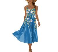BohoKleid Damen Sommer Blätterprint Spaghettiträger Midi Kleid A-Line Locker Leicht Strandkleid Rundhals Tunika Freizeitkleid Casual Blue L