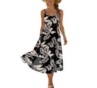 BohoKleid Damen Sommer Blätterprint Spaghettiträger Midi Kleid A-Line Locker Leicht Strandkleid Rundhals Tunika Freizeitkleid Casual Black M