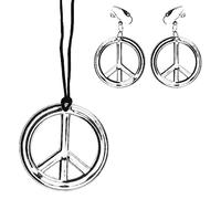 Boland 44517 - Schmuckset Peace, 3-teiliges Set, zwei Ohrringe und eine Halskette, Modeschmuck, Hippie, 70er Jahre, Flower-Power, Accessoire, Karneval, Mottoparty