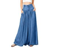 BOLAWOO Hosenrock Frühling Herbst Hose Breites Bein Hosen Mit Taschen Mode Marken Knopfleiste Button Unifarben Bequeme Lang Locker Atmungsaktiv High Waist Hose Jeans Freizeithose Moderner Stil