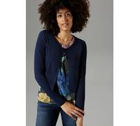 Bolero ANISTON SELECTED, Damen, Gr. 48, blau (marine), Jersey, Obermaterial: 94% Viskose, 6% Elasthan, unifarben, Basic, figurumspielend taillenlang, Rundhals, Strickjacken Bolero, mit 2 Knöpfen (2214