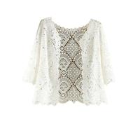 Boleros Für Damen,Bolero Shrug 3/4 Ärmel Für Damen Kurze Strickjacke Stilvolle Florale Spitzenbluse Sommerhäkeljacke Vorne Offen V Ausschnitt Festivaljacke Strand Vertuschungen Für Kleider Weiß Xxl
