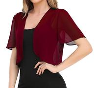 Boleros Für Damen,Damen-Kurzarm-Shrug Sommer-Chiffon-Bolero-Cardigan Stickerei-Jacke Kurz Vorne Offen Elegante Schulterjacke Durchsichtig Überzug Für Kleider Burgunderrot 3XL