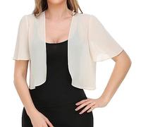 Boleros Für Damen,Kurzärmliger Bolero-Cardigan Für Damen Sommer-Chiffon-Bolero-Cardigan Stickerei-Jacke Kurz Vorne Offen Elegante Schulterjacke Durchsichtig Überzug Für Kleider Beige M