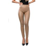 BOLF Damen Leggings Kunstleder High Waist Lederimitation Skinny PU Leder-Optik Hoch Taillierte Freizeithose Hüfthose Elegant Casual W7870 Beige XL [F6F]