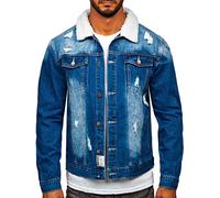 BOLF Herren Jeansjacke Übergangsjacke Trucker Jacket Sherpa Jacke mit Fell Teddyfell Jeans Denim Jacket Freizeitjacke Vintage Retro Classic Street Style Basic Casual Style MJ502B Dunkelblau XL [4D4]