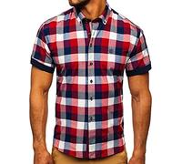 BOLF Herren Kurzarmhemd Kariert Freizeithemd Kurzärmliges Elegant Business Party Hemd Kentkragen Sommer Farbwahl Slim Fit Casual Style 5532 Weinrot XXL [2B2]