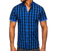 BOLF Herren Kurzarmhemd Kariert Freizeithemd Kurzärmliges Elegant Business Party Hemd Kentkragen Sommer Farbwahl Slim Fit Casual Style 4508 Schwarz-Blau M [2B2]