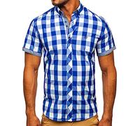 BOLF Herren Kurzarmhemd Kariert Freizeithemd Kurzärmliges Elegant Business Party Hemd Kentkragen Sommer Farbwahl Slim Fit Casual Style 6522 Mittelblau XL [2B2]