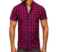 BOLF Herren Kurzarmhemd Kariert Freizeithemd Kurzärmliges Elegant Business Party Hemd Kentkragen Sommer Farbwahl Slim Fit Casual Style 4508 Weinrot XL [2B2]
