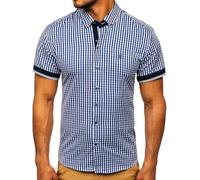 BOLF Herren Kurzarmhemd Kariert Freizeithemd Kurzärmliges Elegant Business Party Hemd Kentkragen Sommer Farbwahl Slim Fit Casual Style 4510 Mittelblau M [2B2]