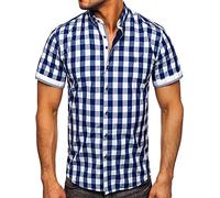 BOLF Herren Kurzarmhemd Kariert Freizeithemd Kurzärmliges Elegant Business Party Hemd Kentkragen Sommer Farbwahl Slim Fit Casual Style 4508 Dunkelblau L [2B2]