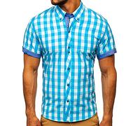 BOLF Herren Kurzarmhemd Kariert Freizeithemd Kurzärmliges Elegant Business Party Hemd Kentkragen Sommer Farbwahl Slim Fit Casual Style 6522 Türkis M [2B2]