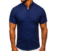 BOLF Herren Kurzarmhemd Sommerhemd Freizeithemd Strandhemd Urlaub Hemd aus 100% Baumwolle Atmungsaktiv Stoff Dünnes Hemd für Sommer Slim Fit Button Down Casual Style 20501 Dunkelblau XL [2B2]