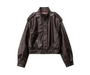 Bollrllr Damen-Blazer, Stehkragen, Ledereffekt, lange Ärmel, lässig, Alltag, Oberbekleidung, braun, XS