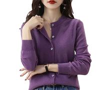 Bollrllr Damen-Strickjacke Kaschmir, Rundhalsausschnitt, Pullover, Frühling, Herbst, Winter, langärmelig, gestrickt, einfarbig, weich, fliederfarben / violett, 38