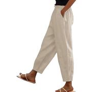 bolukets Leinenhose Damen 7/8 Leichte Freizeithose Casual Musselin Sommerhose Stoffhose Kordelzug Straight Leg Hose Mit Taschen