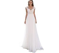 BOLYKI Chiffon-Spitze Hochzeitskleid A-Linie Durchscheinende Halsapplikationen Formale Brautkleid Sweep Train Flügelärmel Partykleid (Farbe: Weiß, Größe: 16)