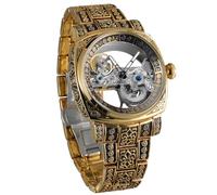 BOLYTE Herren-Automatikuhr, mechanisch, Skelett, quadratisches Gehäuse mit Vintage-Gravur, freiliegender Brückenbewegung, Leuchtzeiger, Edelstahlarmband und Faltschließe, gold, Retro