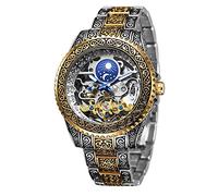 BOLYTE Retro Geschnitzt Skelett Steampunk Automatik Armbanduhr Goldene Silber Herren Uhr mit Metallarmband AM/PM Sonne Mond Geschenke für Manner, Gold