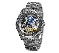 BOLYTE Retro Geschnitzt Skelett Steampunk Automatik Armbanduhr Goldene Silber Herren Uhr mit Metallarmband AM/PM Sonne Mond Geschenke für Manner, Silber