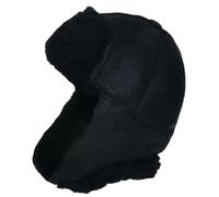 Bomber Ushanka Lederhut aus Montone Shearling für Herren, Pilotenmütze, Schneemann, mit Ohrenschützern (L), Schwarz, Large