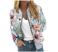 Bomberjacke Damen Casual Blumenmuster Langarm Pilotenjacke Mit Reißverschluss Leichte Fliegerjacke Blouson Jacke Damen Zip Up Übergangsjacke Herbst College Jacke Sweatjacke Damenjacke (Light Blue,M)