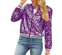 Bomberjacke Damen Glitzer Jacke Pailettenjacke Kurze Pailletten Jacke Blouson mit Reißverschluss Pilotenjacke Stehkragen Outwear Cardigan Langarm Zip Up Blazer Party Club Damen Softshell (Purple, XL)