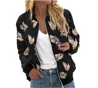 Bomberjacke Damen Kurz Bomber Jacket mit Federdruck Fliegerjacke Stehkragen Jacke Leichte Übergangsjacke Langarm Pilotenjacke Reißverschluss Strickjacke Herbst Winter Übergangsmantel Mantel