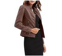 Bomberjacke Damen Motorradjacke Damen Kurz | Leicht Lederjacke Aus Kunstleder mit Reißverschluss Übergangsjacke für Herbst Italienische Mode Kunstlederjacke XXL A Coffee