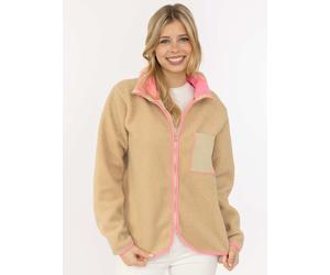 Bomberjacke ZWILLINGSHERZ "Classic", Damen, Gr. M, beige, Fleece, Obermaterial: 100% Polyester, Jacken Bomberjacke, kuscheliges Teddy-Fleece, Kontrastdetails, Brutstasche, Stehkragen (88564030-M) beig