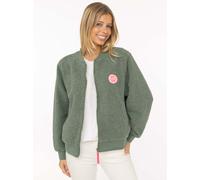 Bomberjacke ZWILLINGSHERZ "Good Vibes", Damen, Gr. M, salbei, Bouclé, Obermaterial: 100% Polyester, unifarben, taillenbedeckt, ohne Ausschnitt, Rippbündchen, Jacken Bomberjacke, große Herzen auf dem R