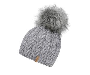 Bommelmütze CHILLOUTS "Tabea Hat", Damen, grau, Feinstrick, Materialmix, Fellimitat, Zopfmuster, meliert, unifarben, Mützen, mit abnehmbarem Kunstfell-Bommel (66974915-0) grau