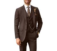 BONOW Herren 3-teiliger Tweed-Anzug, Retro, Fischgrätenmuster, Revers, Blazer, Weste, Hose, Set für Hochzeit, Business, Dunkelbraun, XS