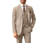 BONOW Herren 3-teiliger Tweed-Anzug, Retro, Fischgrätenmuster, Revers, Blazer, Weste, Hose, Set für Hochzeit, Business, Beige, XX-Large