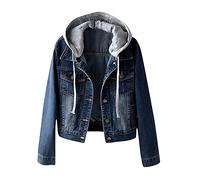 Bonprix Damen Mantel Frauen Vintage-Jeans-Jacke lässige Kapuzen-Knopf-Daunentasche Langarm-Denim
