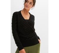 Strickpullover BONPRIX, Damen, Gr. 36/38 (S), schwarz, Strick, Obermaterial: 100% Polyacryl, unifarben, loose fit hüftbedeckend, V-Ausschnitt, Strickbündchen, Pullover Strickpullover, im tollen Ajour-