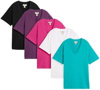 Longshirt BONPRIX "Weites Long-Shirt mit V-Ausschnitt, Kurzarm (5er Pack)", Damen, Gr. 56/58 (XXXL), bunt (smaragd, weinbeere, mittelfuchsia, weiß, schwarz), Jersey, Obermaterial: 100% Baumwolle, mehr
