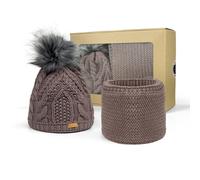 Bontis Geschenkset: Damenmütze mit Bommel und Strickschal - Kaschmir
