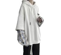 BONVEN Oversized Striped Patchwork Hoodie Streetwear Gothic Y2k Grunge Punk Pullover Emo Scene Plaid Sweatshirt, Weiss/opulenter Garten, S